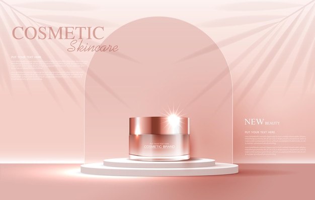 Annonces de produits cosmétiques ou de soins de la peau avec bannière publicitaire pour produits de beauté et fond de feuille