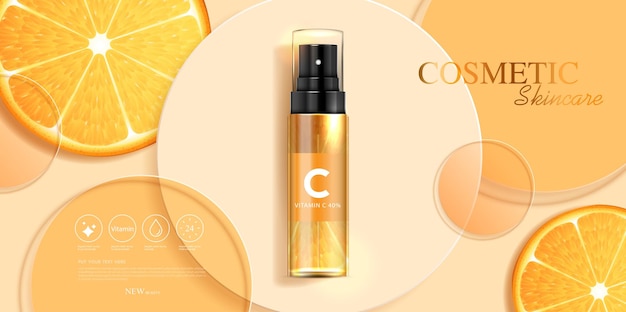 Annonces de produits cosmétiques, de vitamine C ou de soins de la peau avec une bouteille, une maquette d'emballage réaliste, une bannière publicitaire pour des produits de beauté et un design vectoriel de fond orange