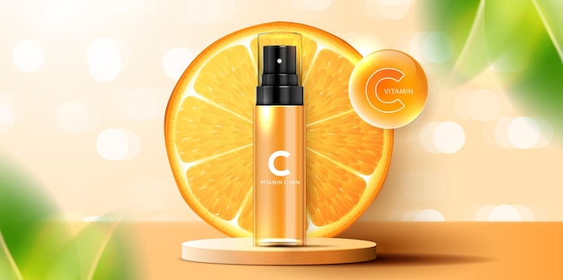 Vecteur annonces de produits cosmétiques, de vitamine c ou de soins de la peau avec une bouteille, une maquette d'emballage réaliste, une bannière publicitaire pour des produits de beauté et un design vectoriel de fond orange