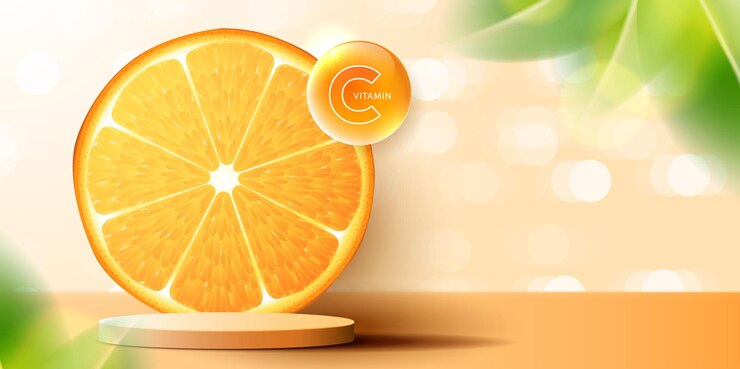 Vecteur annonces de produits cosmétiques, de vitamine c ou de soins de la peau avec une bouteille, une maquette d'emballage réaliste, une bannière publicitaire pour des produits de beauté et un design vectoriel de fond orange