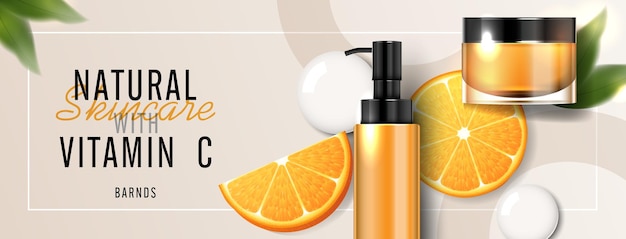 Annonces de produits cosmétiques, de vitamine C ou de soins de la peau avec une bouteille, une maquette d'emballage réaliste, une bannière publicitaire pour des produits de beauté et un design vectoriel de fond orange
