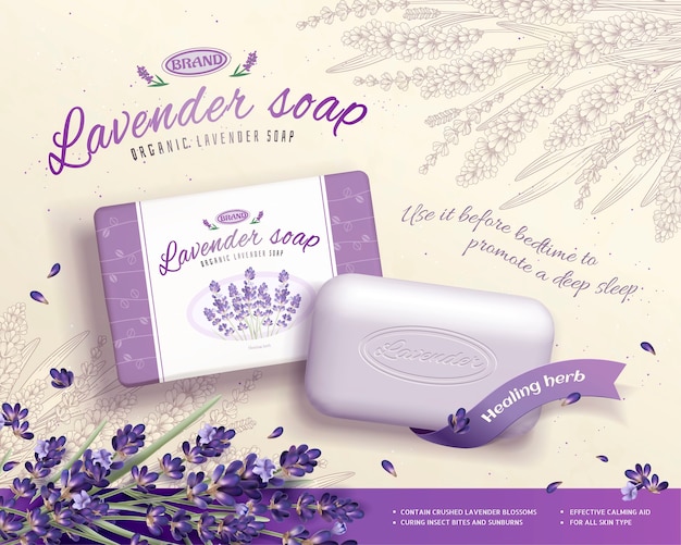 Annonces de savon à la lavande avec des ingrédients de fleurs épanouies, fond floral gravé