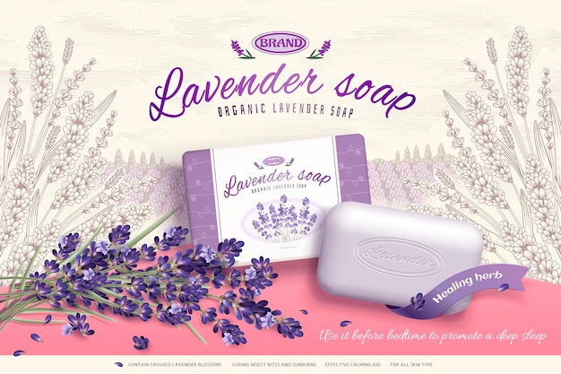Annonces de savon à la lavande avec des ingrédients de fleurs épanouies, fond de jardin élégant gravé