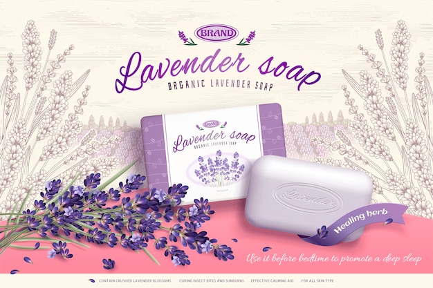 Vecteur annonces de savon à la lavande avec des ingrédients de fleurs épanouies, fond de jardin élégant gravé