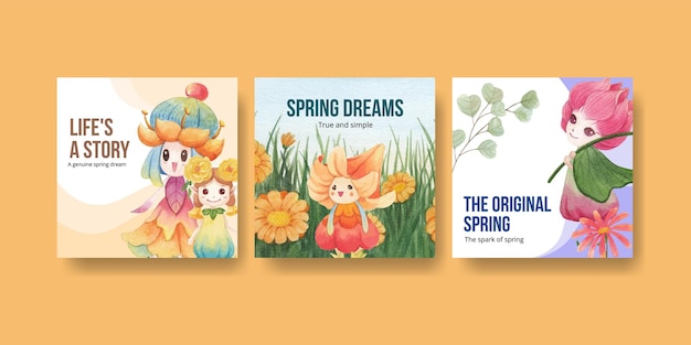 Annoncez Le Modèle Avec Illustration Aquarelle De Concept De Caractère Floral