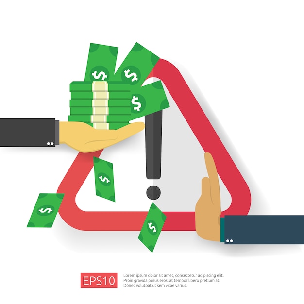 Anti Corruption, Arrêt Et Concept De Déclin Corrompu. Pot-de-vin D'affaires Avec De L'argent Dans Une Enveloppe Et Panneau D'avertissement D'interdiction. Illustration Dans Un Style Plat Pour Bannière, Arrière-plan Et Présentation