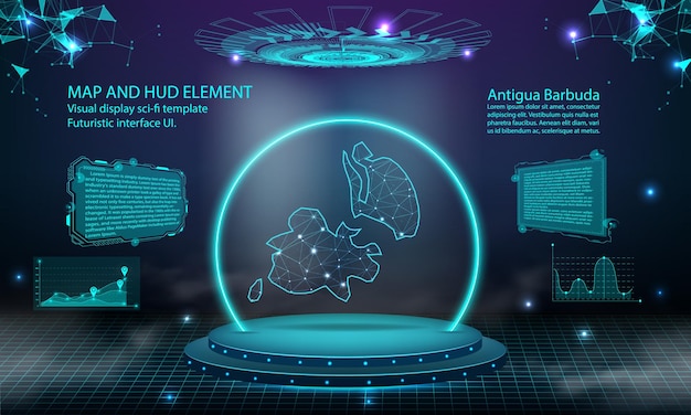 Antigua Barbuda carte lumière connexion effet fond abstrait technologie numérique UI GUI futuriste HUD Interface virtuelle avec carte antigua Barbuda Stade futuriste podium dans le brouillard