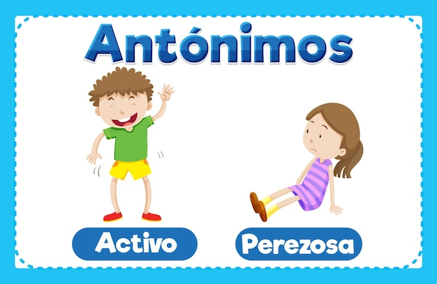 Vecteur antonyme word card activo et perezosa