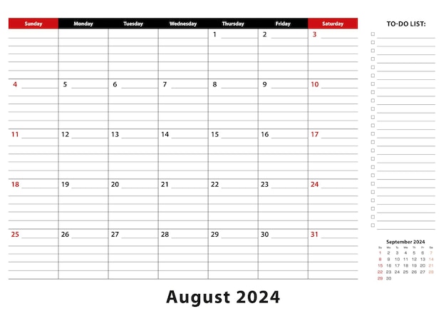 Vecteur août 2024 calendrier mensuel sous-main la semaine commence à partir du dimanche taille a3