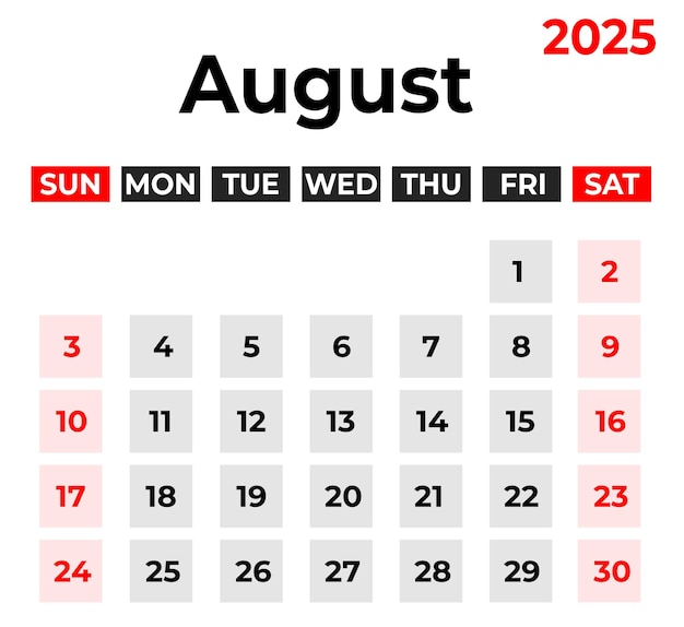 août 2025 Calendrier mensuel La semaine de conception commence le dimanche
