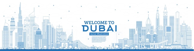 Aperçu Bienvenue à Dubaï émirats Arabes Unis Skyline Avec Blue Buildings. Concept De Voyage D'affaires Et De Tourisme à L'architecture Moderne. Paysage Urbain De Dubaï Avec Des Points De Repère.