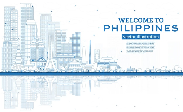 Vecteur aperçu bienvenue à philippines city skyline avec des bâtiments bleus et des reflets