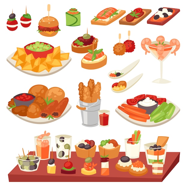 Apéritif appétissant nourriture et collation repas ou entrée et canape illustration