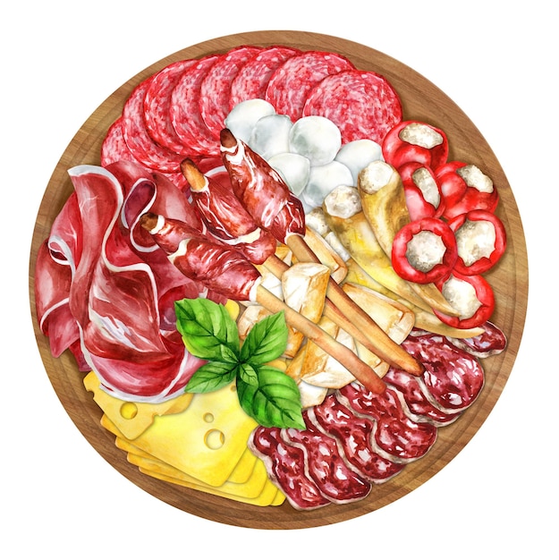 Vecteur apéritifs italiens antipasti et bâtonnets de pain grissini illustration aquarelle