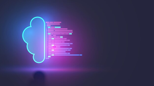 API concept Cloud repository for team work of software development Program text comes in the neon icon of digital cloud storage Application Programming Interface Shared access and Cloud computing