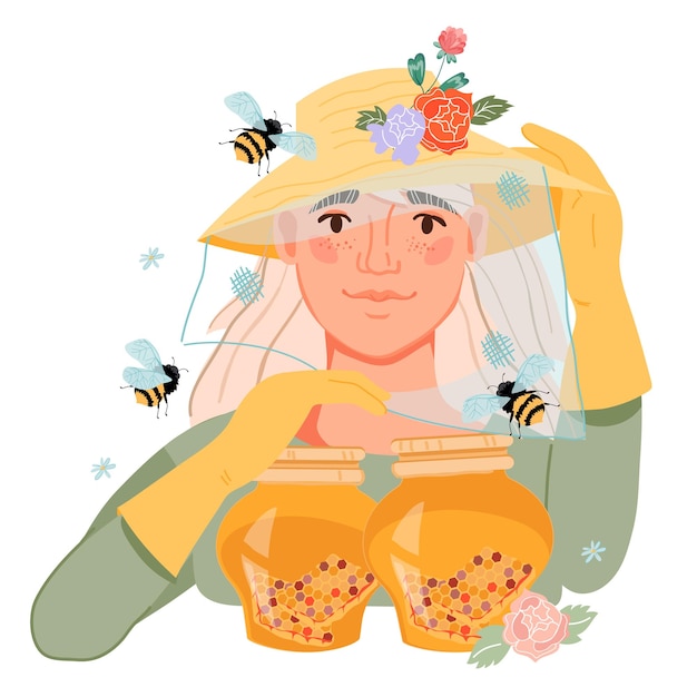 Vecteur apiculteur ou personnage féminin apiculteur avec pot de miel illustration de vecteur plat isolé sur fond blanc apiculture et extraction de miel