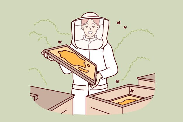 Vecteur une apicultrice se tient dans une ruche parmi les ruches et les abeilles volantes sortent des ruches avec du miel.