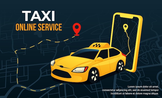App de conception de taxi Service en ligne de commande de taxi Application de transport mobile Route de voyage en voiture Carte de la ville avec épingle de localisation Entreprise automobile Écran de tablette numérique Location de véhicule Banner vectoriel
