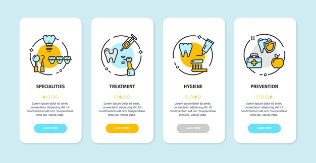App Dental Screens Cards Set Vector est une application d'écran dentaire.