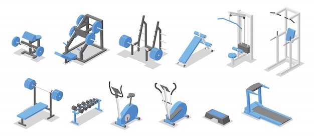 Appareil D'entraînement Pour La Salle De Sport. Ensemble Isométrique De Symboles D'équipement De Fitness. Illustration. Sur Fond Blanc