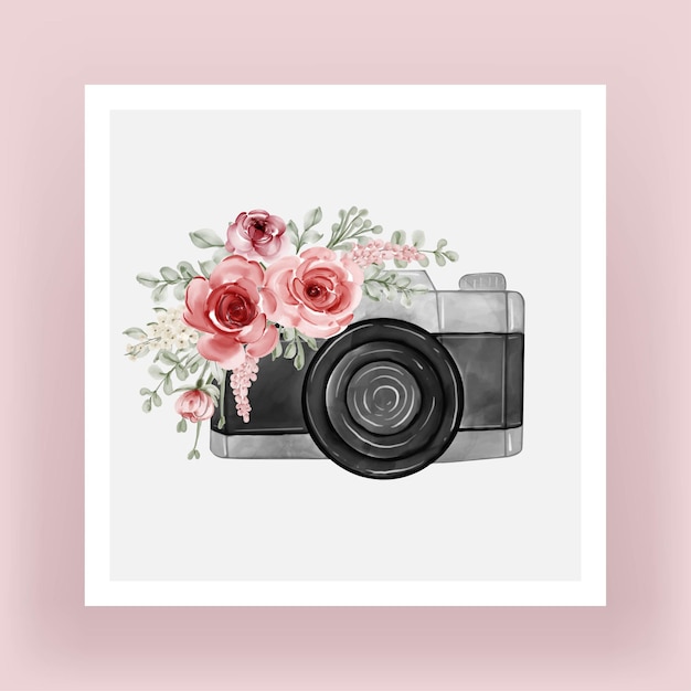 Appareil Photo Avec Illustration De Fleurs Aquarelle Rose Vif