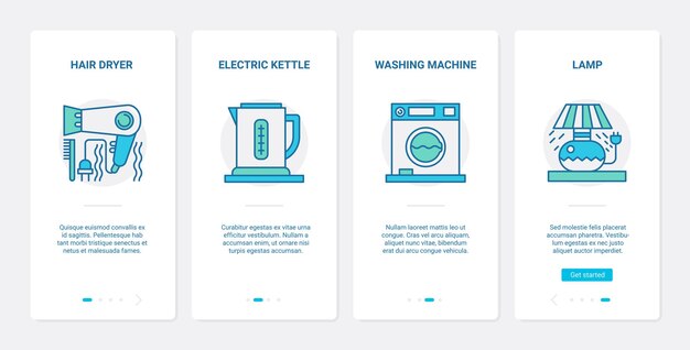Appareils de cuisine Appareils électroniques Ux UI Onboarding Ensemble d'écran de page d'application mobile