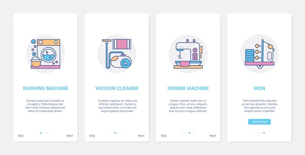Appareils ménagers de ligne de cuisine pour nettoyer UX domestique, ensemble d'écran de page d'application mobile UI