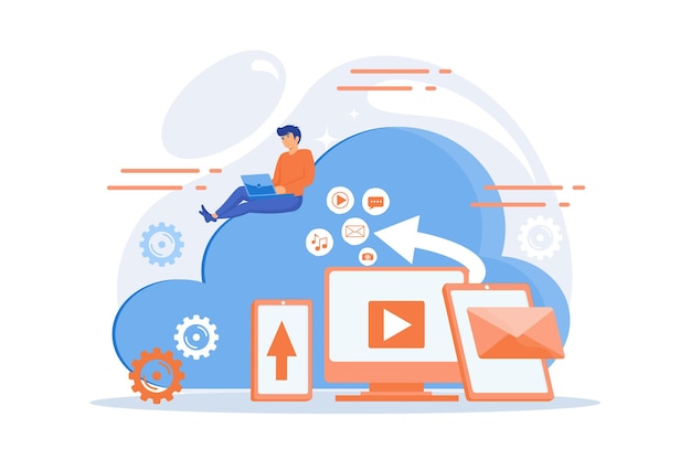 Appareils numériques et homme d'affaires avec ordinateur portable sur le cloud utilisant IaaS. Moteur basé sur le cloud, infrastructure
