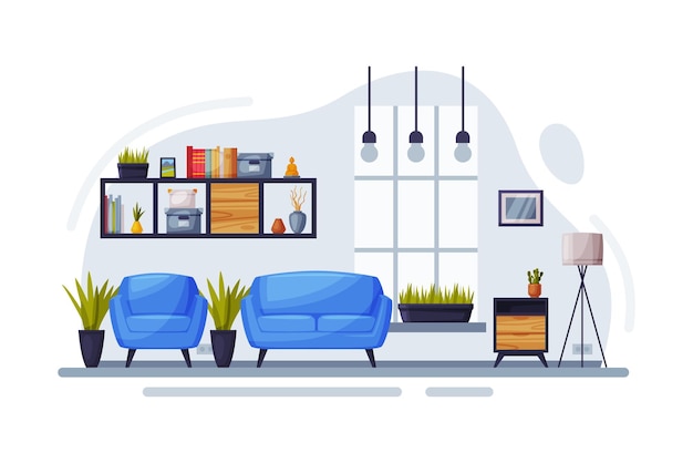 Vecteur des appartements confortables avec des meubles confortables et une étagère pour la maison sofa et fauteuil devant la fenêtre illustration vectorielle