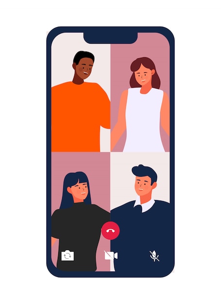 Vecteur appel vidéo - amis se rencontrent par vidéoconférence sur une illustration de téléphone mobile