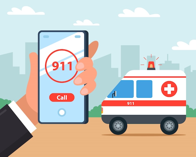 Appelez une ambulance sur votre téléphone portable. Premiers secours. illustration.