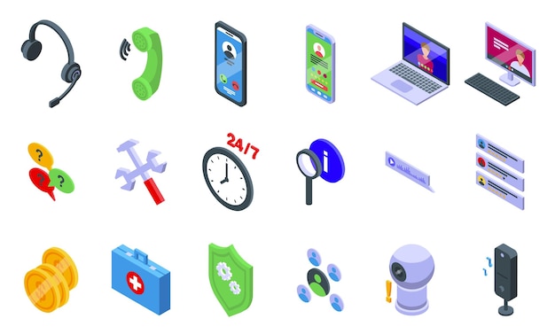 Appelez Un Consultant Icons Set Vecteur Isométrique Support De Service