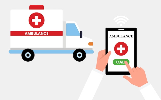 Appelez La Voiture D'ambulance Via L'illustration Vectorielle Plane De Téléphone Portable