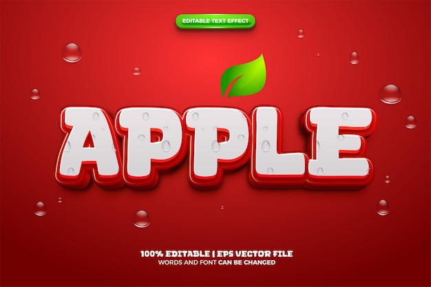 Vecteur apple rouge fraîche avec goutte d'eau modèle de logo 3d style d'effet de texte modifiable