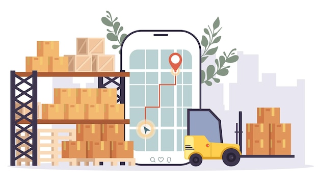 Appli de service logistique de livraison en ligne, concept de commerce électronique sur le web, illustration graphique plate