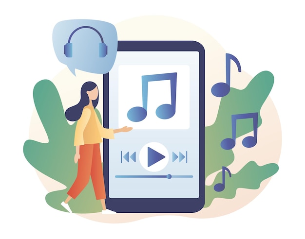 Vecteur application de lecteur multimédia liste de lecture de musique petite fille écouter de la musique audio ou radio en ligne