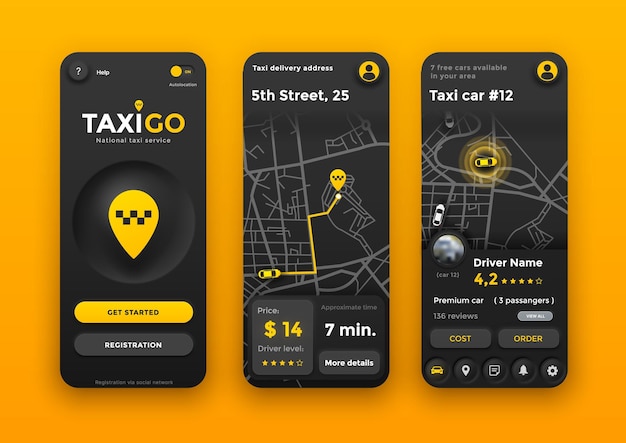 Vecteur application mobile de commande en ligne de taxi neumorphique