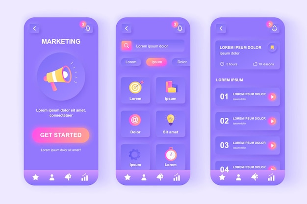Application mobile d'interface utilisateur de conception neumorphique moderne de marketing numérique