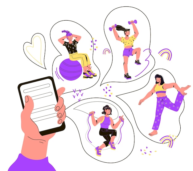 Application Mobile En Ligne Pour L'entraînement Sportif Des Femmes Et Le Vecteur De Dessin Animé De Suivi De La Condition Physique