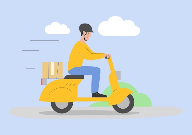 Application mobile Livraison de courrier en ligne Service à domicile et au bureau Courrier de personnage masculin livre un colis en carton sur un scooter à la maison du client Illustration vectorielle plane de contour linéaire de dessin animé