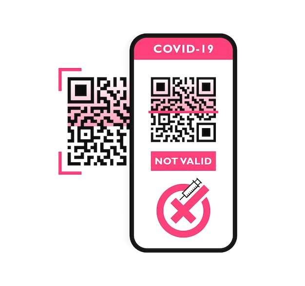 Application mobile de passeport sanitaire pour les voyages et le contrôle vacciné Écran de téléphone portable avec passeport électronique Covid19 Code QR avec croix non valide Illustration vectorielle