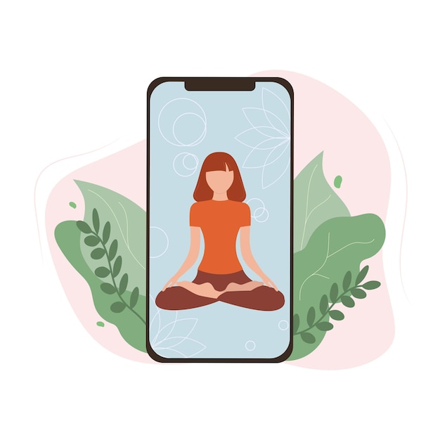 Application Mobile Pour Le Yoga Et La Méditation Sur L'écran Du Téléphone Avec Une Fille Relaxante Vecteur Plat