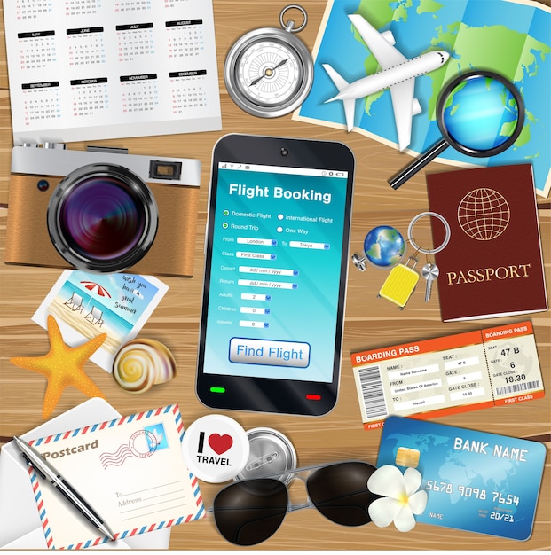 application de réservation de vol en ligne avec de nombreux objets de voyage