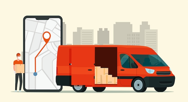 Application De Service De Livraison Sur Smartphone. Cargo Van Et Livreur.