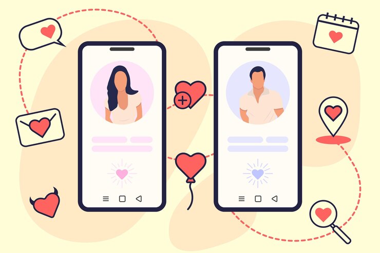 Application de service de rencontres en ligne Smartphones avec profils homme et femme Illustration vectorielle