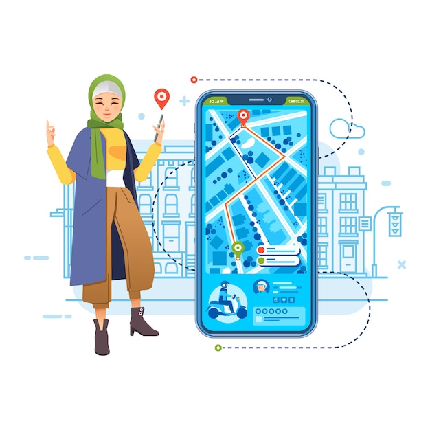 Application Smartphone De Transport En Ligne Utilisée Par Les Femmes élégantes Hijab Illustration