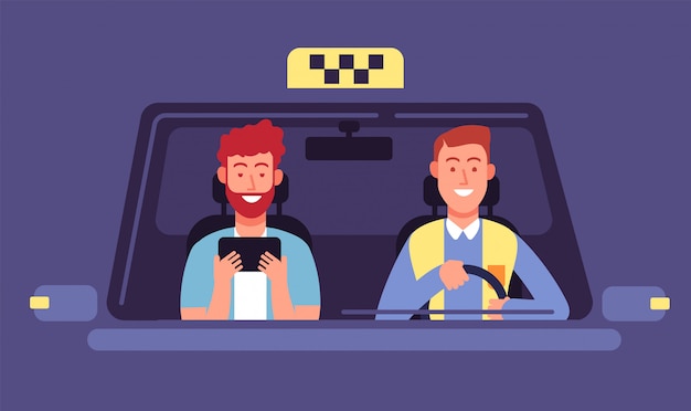 Application de taxi. Client et chauffeur de taxi à l'intérieur de la cabine. Taxi réservation smartphone application vector background