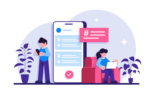 Applications commerciales. Application mobile pour gérer les processus métier. L'homme et la femme utilisent des appareils mobiles.