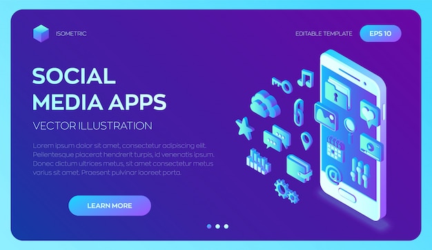 Applications De Médias Sociaux Sur Un Smartphone. Applications Mobiles Isométriques 3d.
