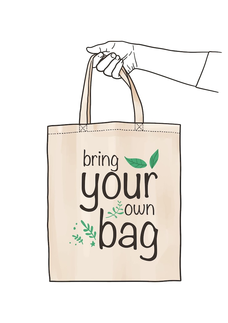 Vecteur apportez votre propre affiche de sac illustration vectorielle zéro déchet avec main tenant des sacs réutilisables citation de motivation